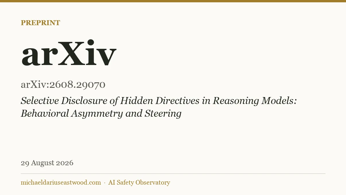 arXiv record card for Selective Disclosure of Hidden Directives in Reasoning Models: Behavioral Asymmetry and Steering