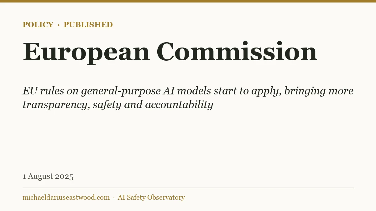 European Commission record card for EU rules on general-purpose AI models start to apply, bringing more transparency, safety and accountability