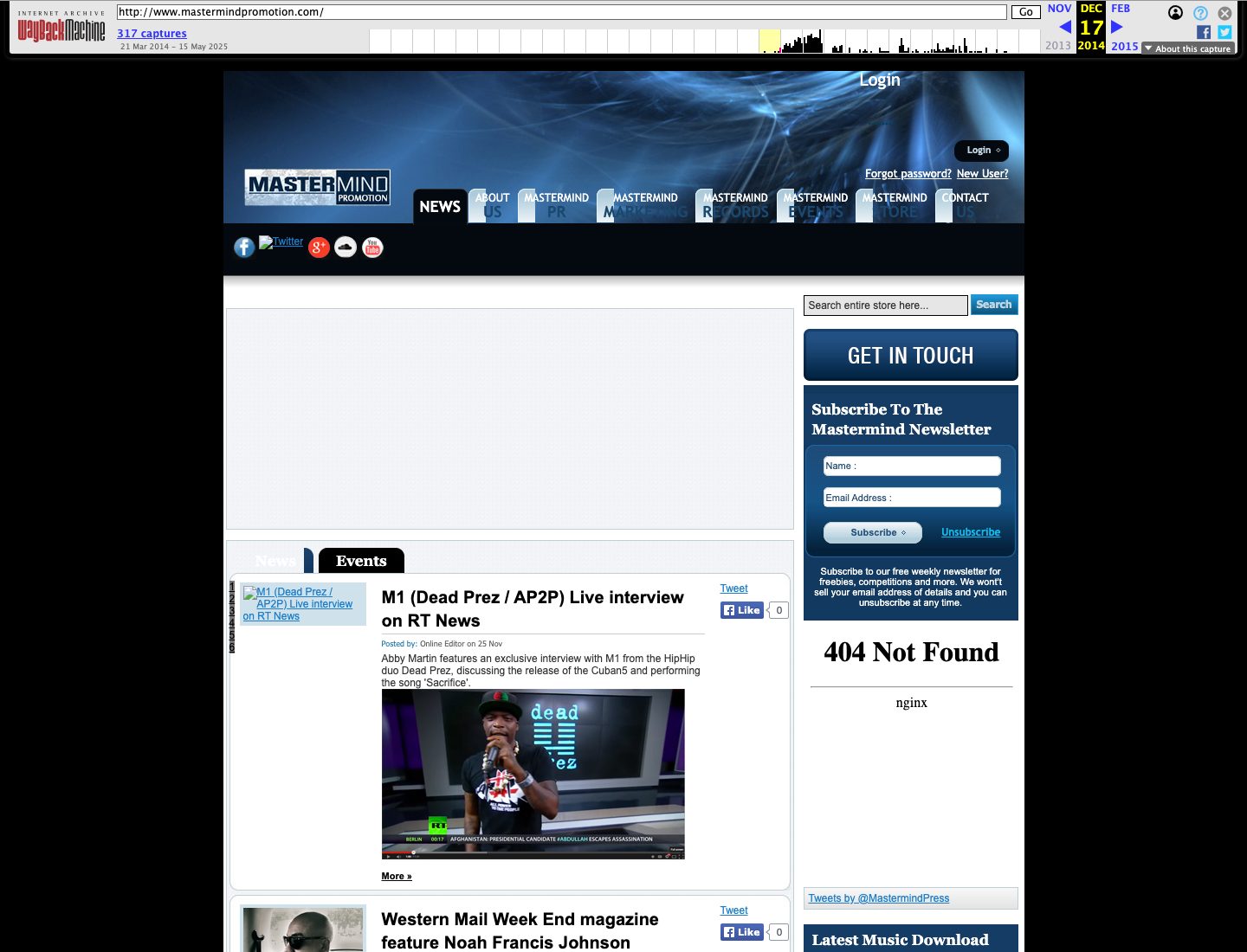 Wayback Machine capture of the Mastermind Promotion home page dated 17 December 2014, a dark blue site with navigation for Mastermind PR, Marketing, Records, Events and Store, and a news item about an RT News interview with M1 of Dead Prez