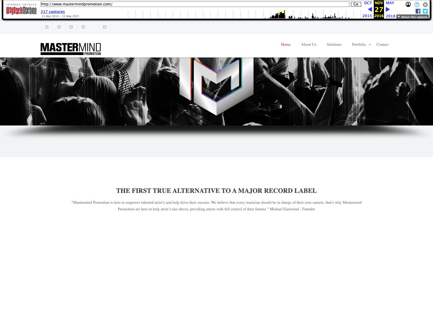 Wayback Machine capture of the Mastermind Promotion home page dated 27 November 2016, a black and white crowd banner with the M logo and the heading The First True Alternative to a Major Record Label
