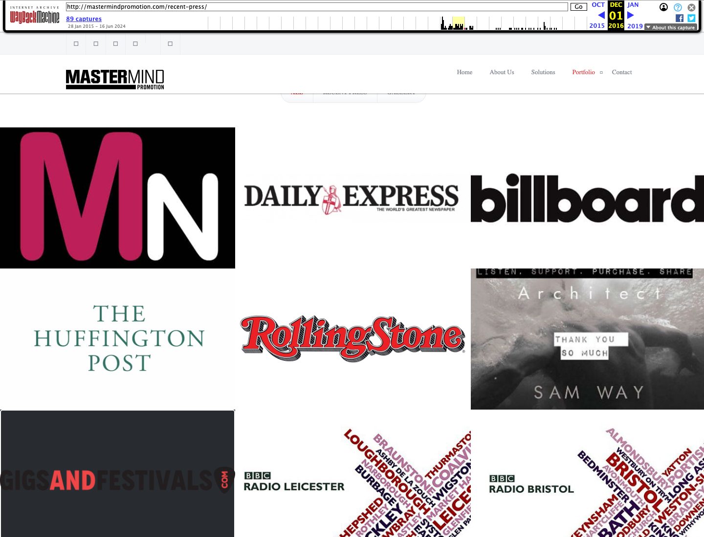 Wayback Machine capture of the Mastermind Promotion Recent Press page dated 1 December 2016, a grid of logos including MN, Daily Express, Billboard, The Huffington Post, Rolling Stone, Gigs and Festivals, BBC Radio Leicester and BBC Radio Bristol