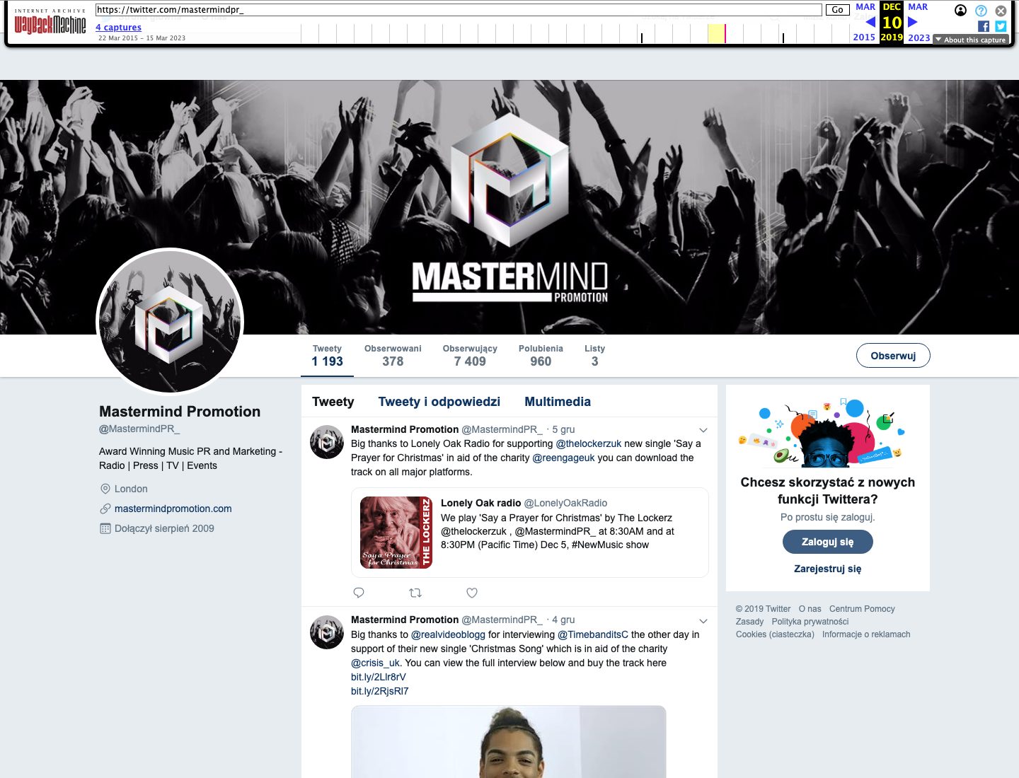 Wayback Machine capture of the Twitter profile Mastermind Promotion, @MastermindPR_, dated 10 December 2019, in a Polish-language interface, described as Award Winning Music PR and Marketing, London, joined August 2009, with 1,193 tweets and 7,409 followers and posts about charity singles