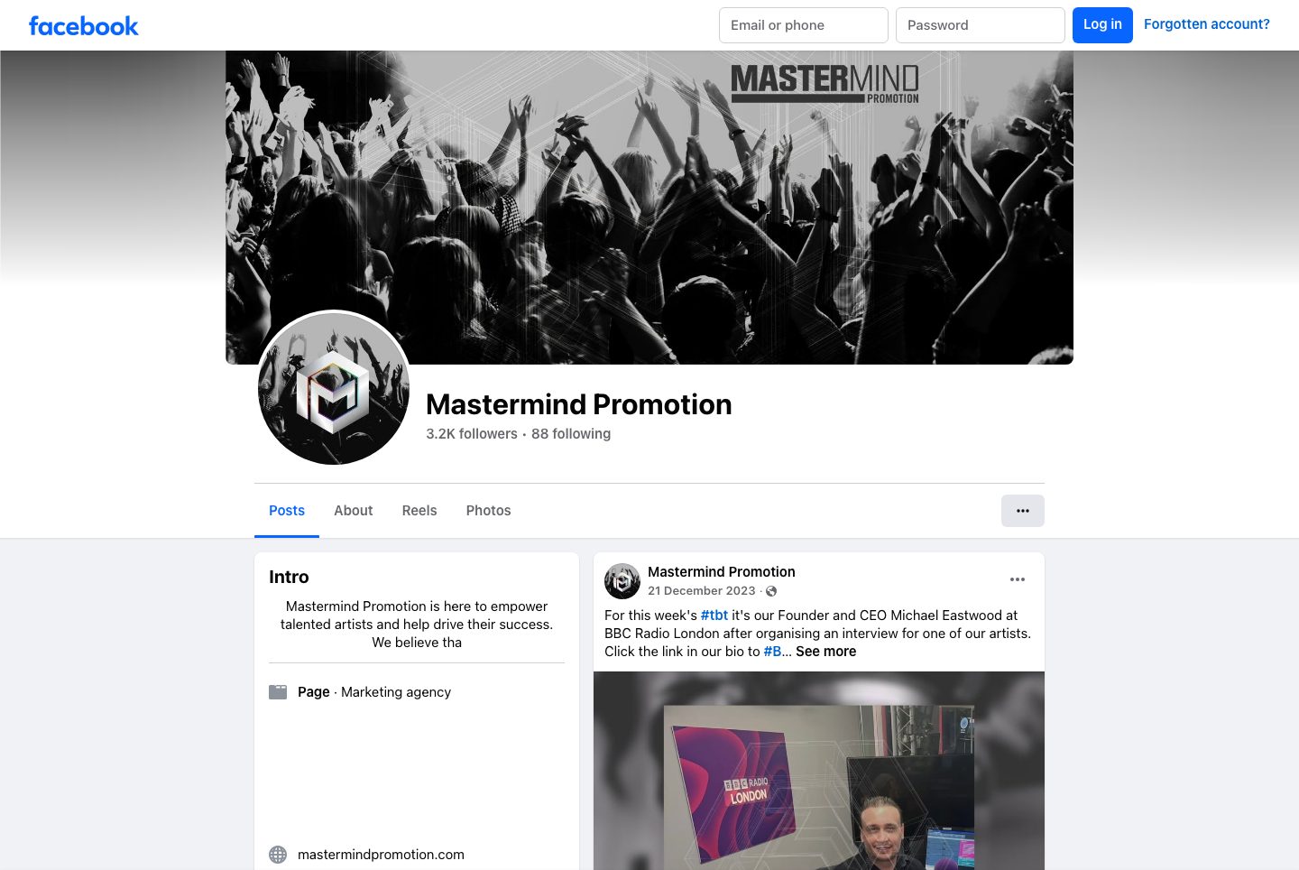 The live Facebook page Mastermind Promotion, read on 4 October 2026, 3.2K followers and 88 following, the company logo on a crowd cover photograph, and a post of 21 December 2023 naming its founder at BBC Radio London